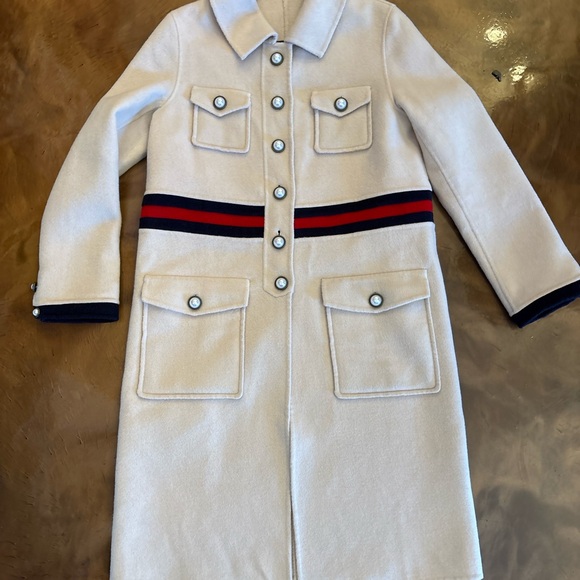 Product Seeker Cream Wool Coat with Navy and Red Accents Peacoat luxury New $198 - Picture 2 of 7